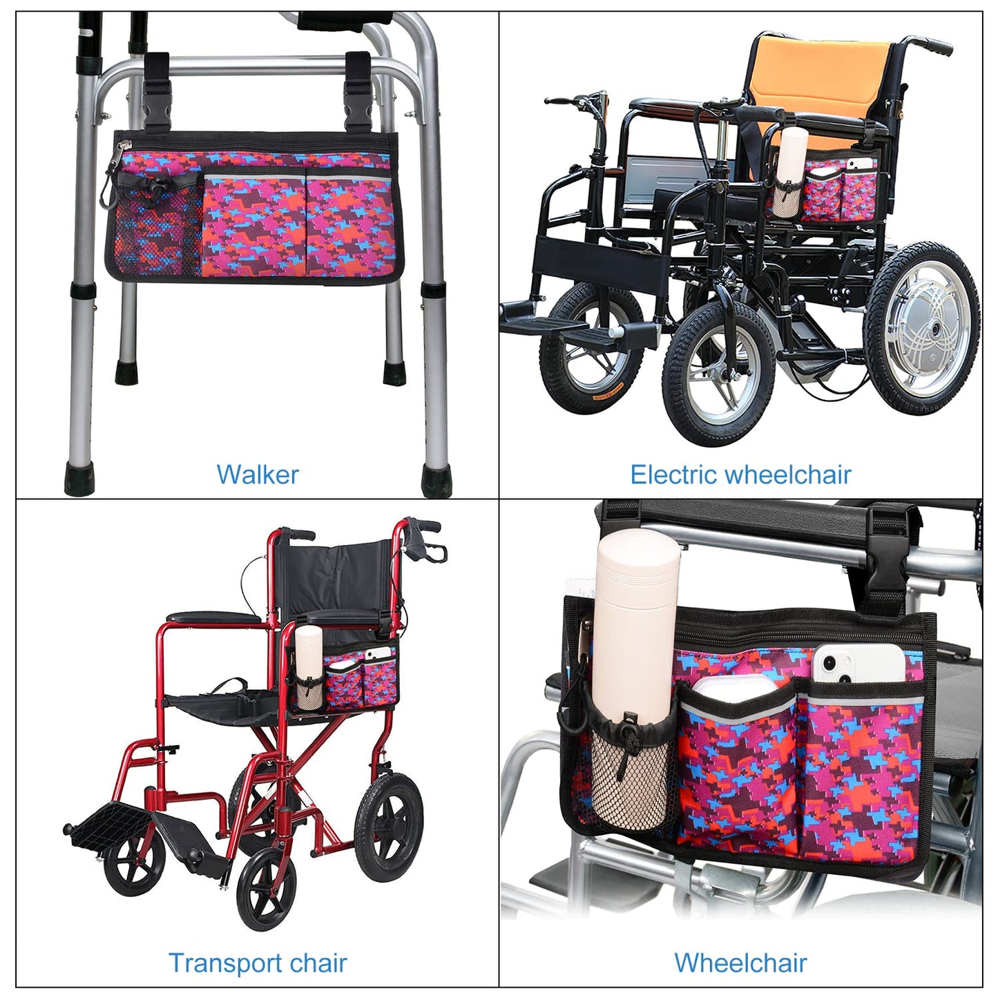 6 Pocket Wheelchair Side Bag with Reflective Stripes