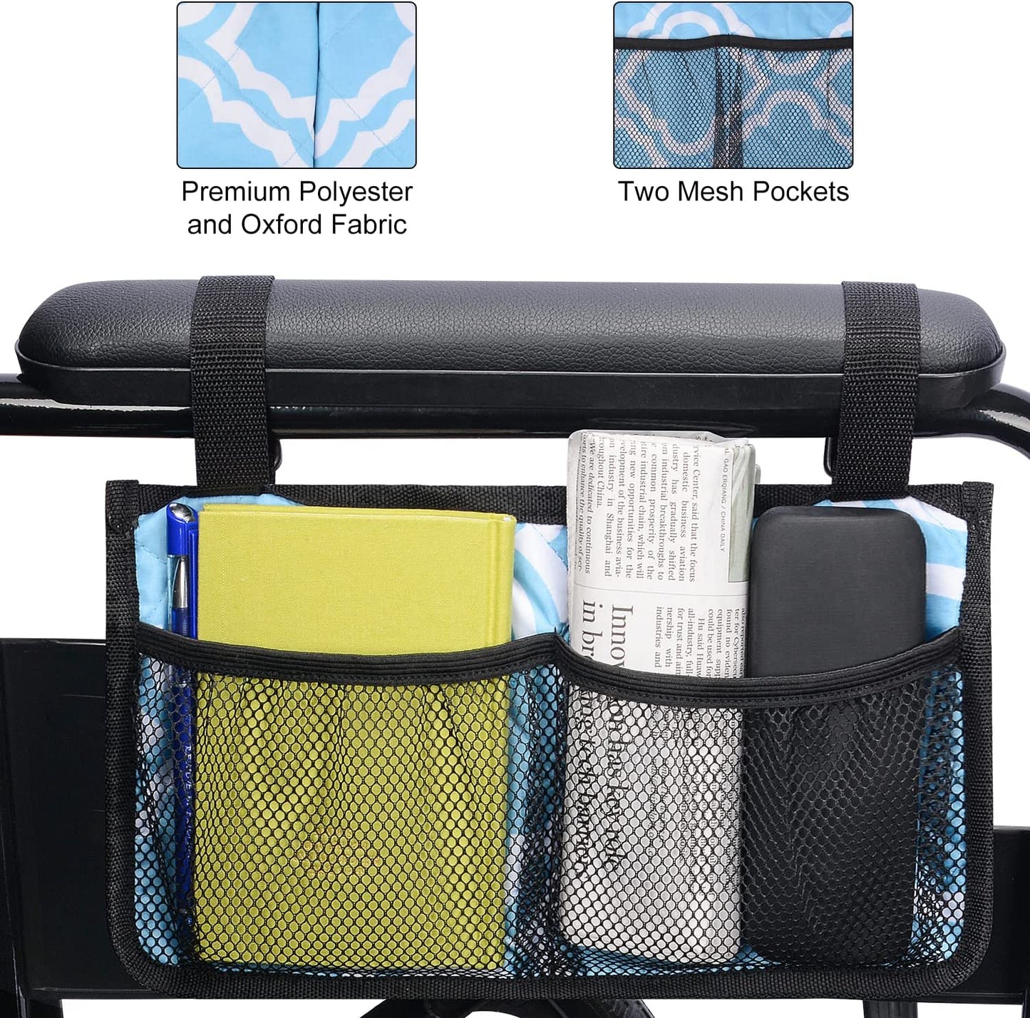 6 Pocket Wheelchair Side Bag with Reflective Stripes